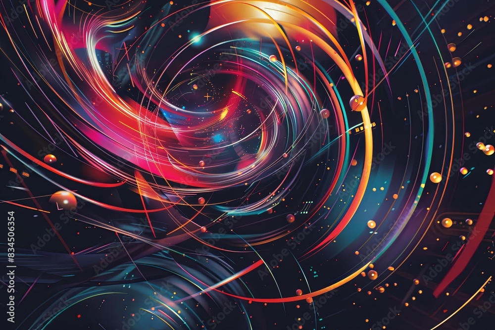 Obraz premium Employ the image as a foundational element in digital artworks, design projects, and visual compositions. The vibrant luminous lines and swirling circles lend a high - tech touch to any creation.