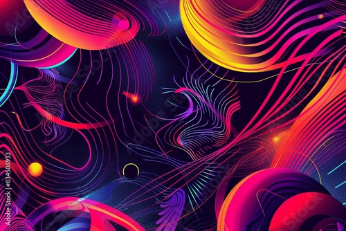 Employ the image as a foundational element in digital artworks, design projects, and visual compositions. The vibrant luminous lines and swirling circles lend a high - tech touch to any creation. photo