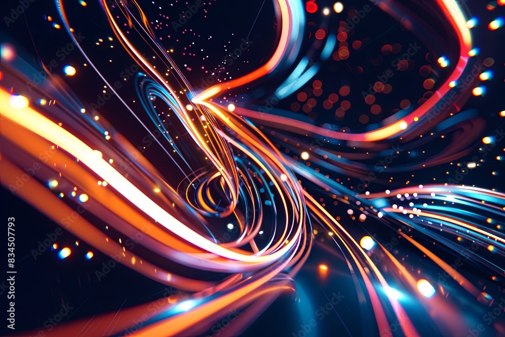 Fototapeta premium Employ the image as a foundational element in digital artworks, design projects, and visual compositions. The vibrant luminous lines and swirling circles lend a high - tech touch to any creation.