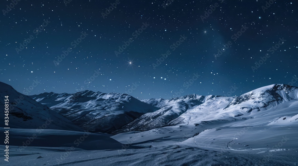 Under a clear night sky, snow-covered mountains glow in moonlight, stars twinkling above. Distant view. Under a clear night sky, snow-covered mountains glow in moonlight, stars twinkling above. Distant view.