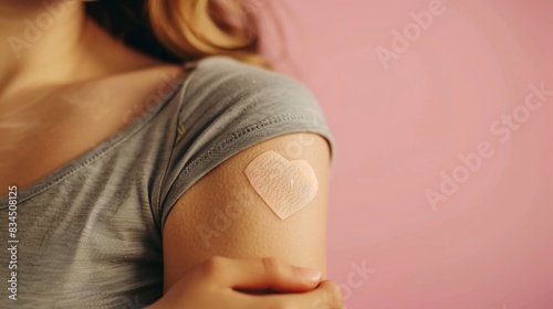 A close-up of a woman's upper arm with a heart-shaped band-aid. pink background. 
