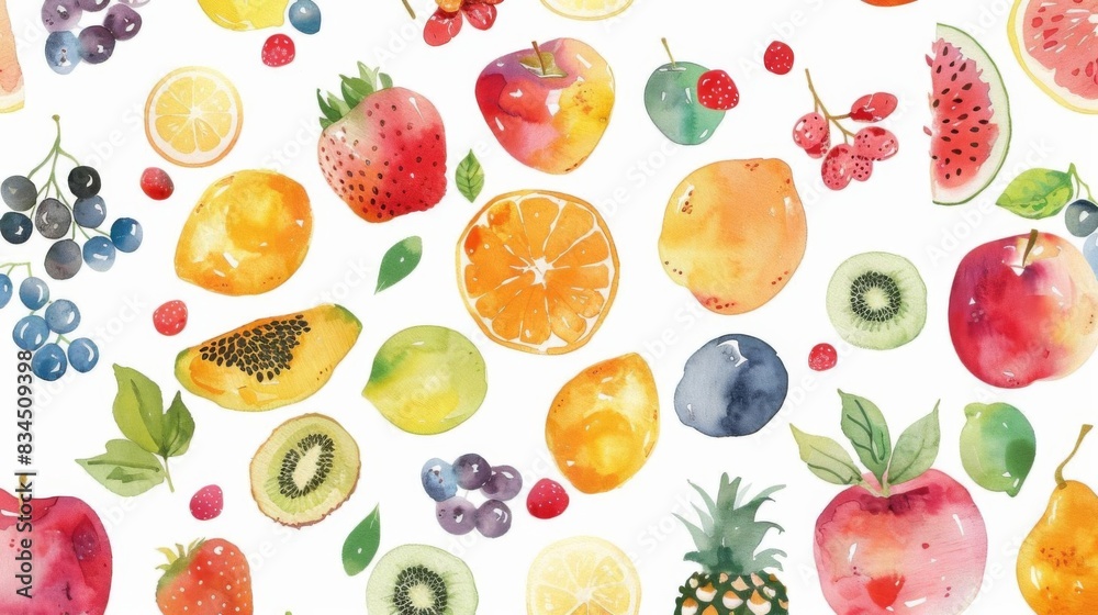 Watercolor seamless pattern with hand drawn exotic fruits and berries. Watercolor seamless pattern with hand drawn exotic fruits and berries.