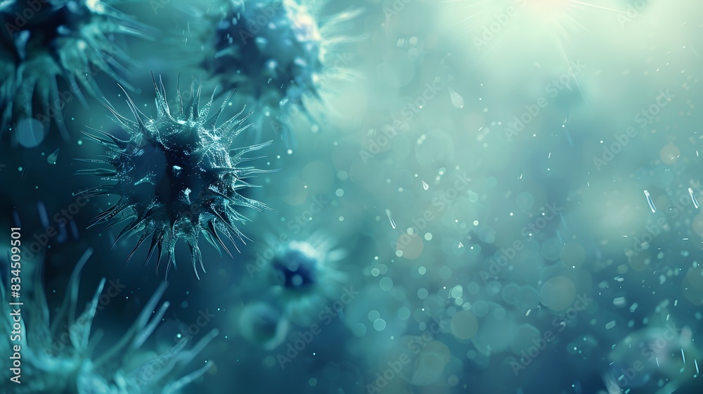 Obraz premium Virus. Abstract vector 3d viral microbe isolated on blue background. Allergy bacteria, medical healthcare, microbiology concept.