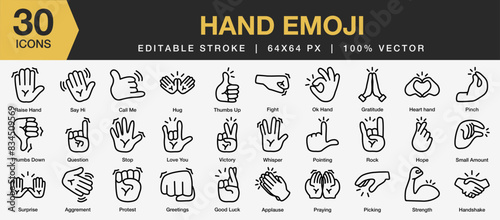 Set of 30 Hand emoji icon set. Editable Stroke Icon Collection. Includes stop, fight, praying, hope, hug and More. Outline icons vector collection.