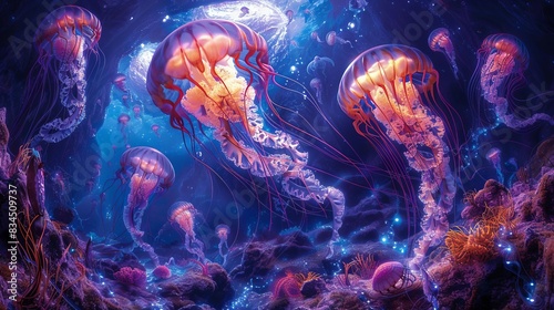 A vibrant, swirling vortex of underwater creatures, including giant jellyfish, anglerfish, and bioluminescent plankton, in a deep ocean trench, psychedelic, illustration