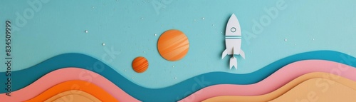 A rocket flies into space. The rocket is made of white paper. The background is blue with a pink and yellow planet. photo