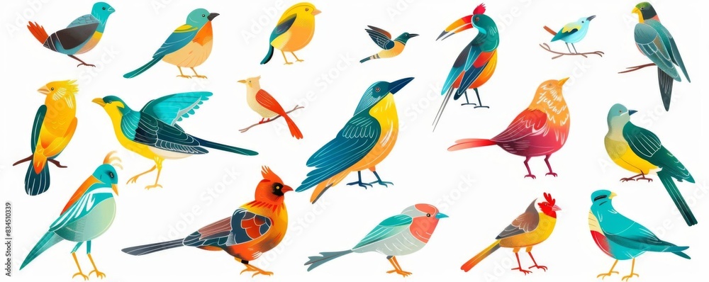 A set of watercolor style birds. The birds are all different colors and have different patterns. They are arranged in a row.