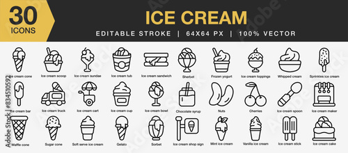 Set of 30 Ice Cream icon set. Editable Stroke Icon Collection. Includes cone ice cream, ice cream sandwich, wafle cone, gelato and More. Outline icons vector collection.