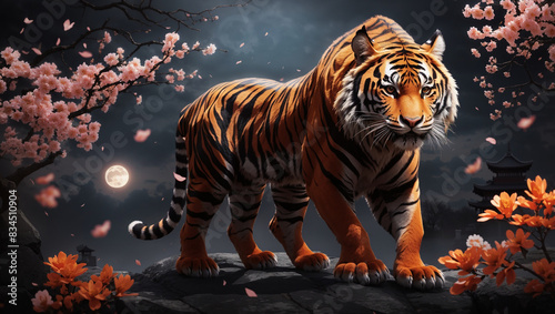 A tiger is standing in front of a full moon and cherry blossoms.