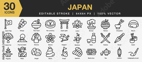 Set of 30 Japan icon set. Editable Stroke Icon Collection. Includes japan flag, dango, onigiri, sashimi, katana, ninja, pagoda and More. Outline icons vector collection.