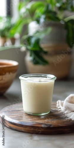 Homemade yogurt in a glass jar on a wooden cutting board  with a blurred green plant in the background