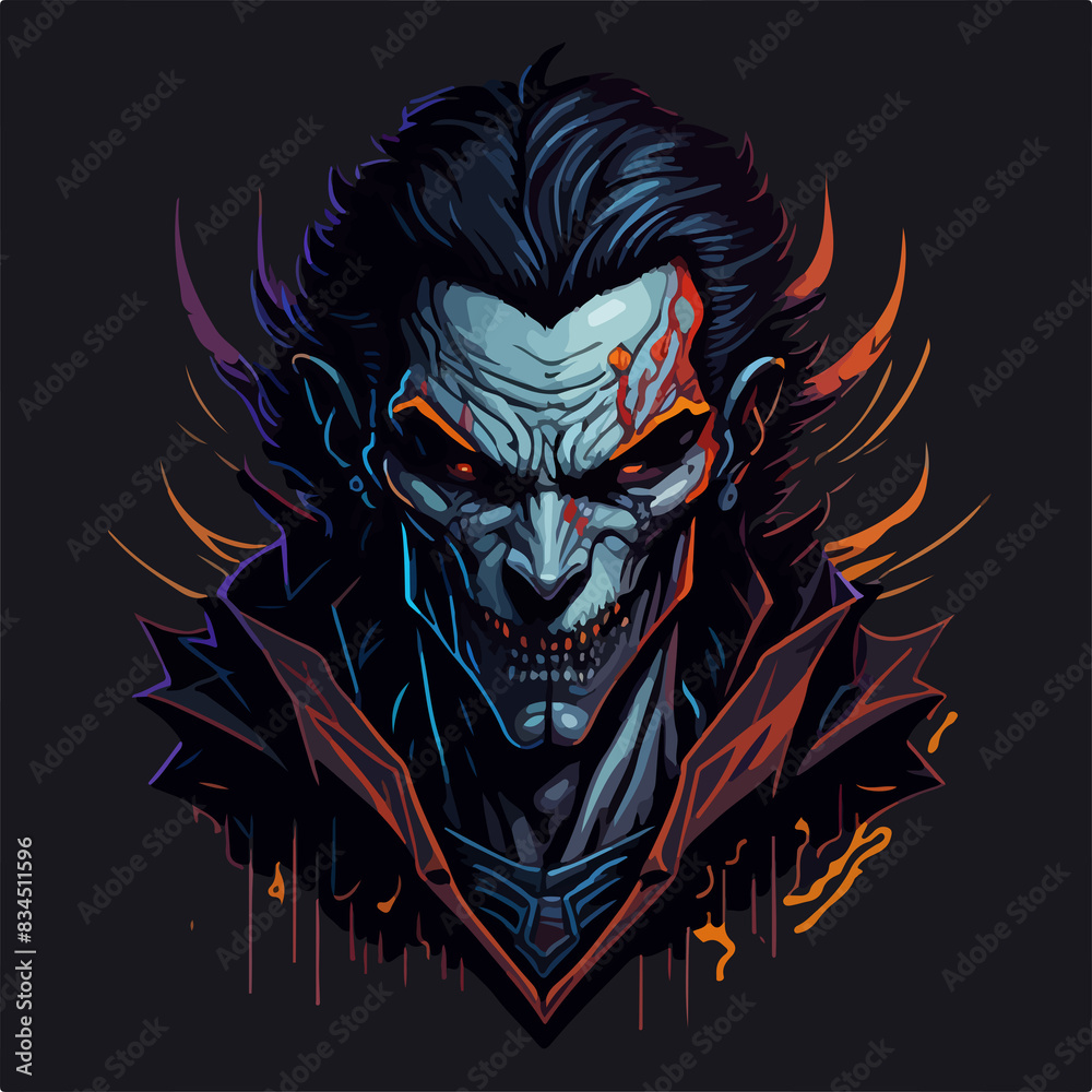 Obraz premium Bloodthirsty vampire, shrouded in darkness, haunting the night.