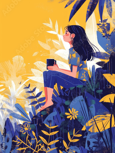 Flat portrait illustration in a quiet garden