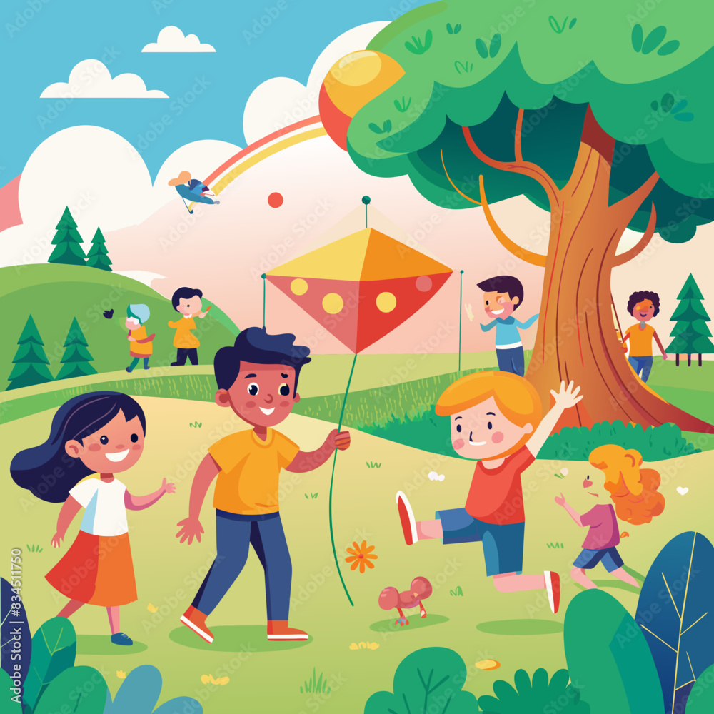 children playing with kites in the park. children playing with kites in the park.