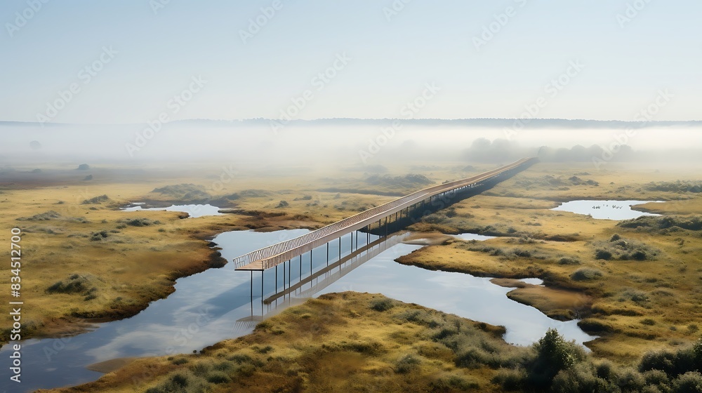 Obraz premium A narrow bridge over water with trees and grass