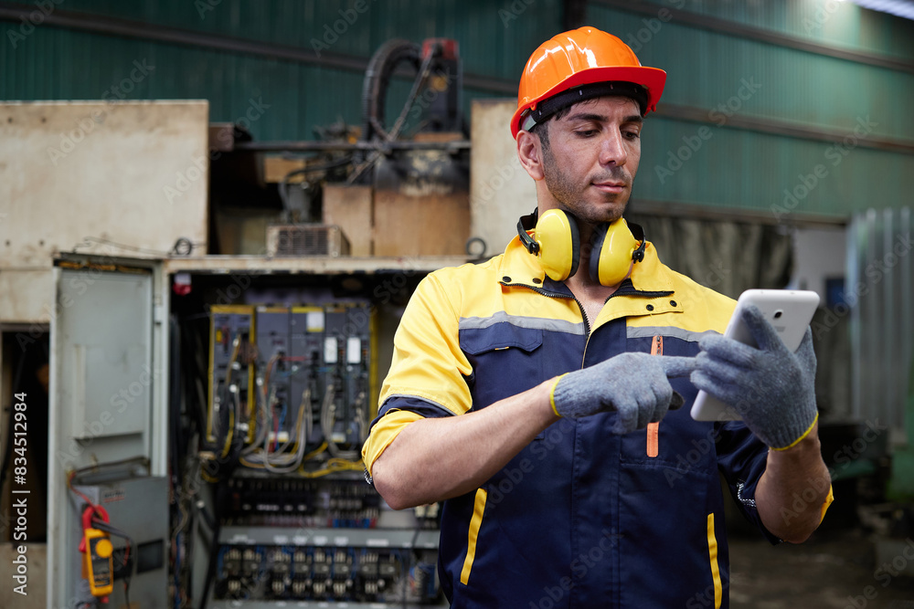 Fototapeta premium engineer or technician working on tablet for checking lathe machine in the factory