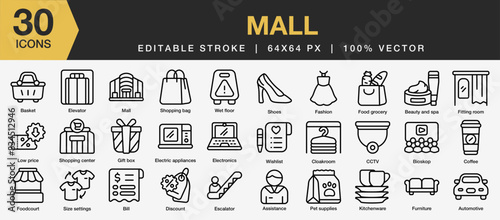 Set of 30 Mall icon set. Editable Stroke Icon Collection. Includes basket, elevator, fashion, bioskop, fitting room and More. Outline icons vector collection.