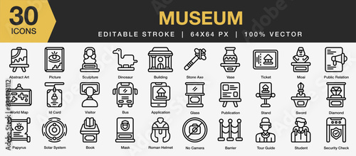 Set of 30 Museum icon set. Editable Stroke Icon Collection. Includes picture, barrier, tour guid, moai, papyrus and More. Outline icons vector collection.