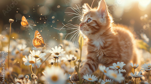 A lovely orange kitten in the sun was playing in a Daisy field, butterflies fluttering around it