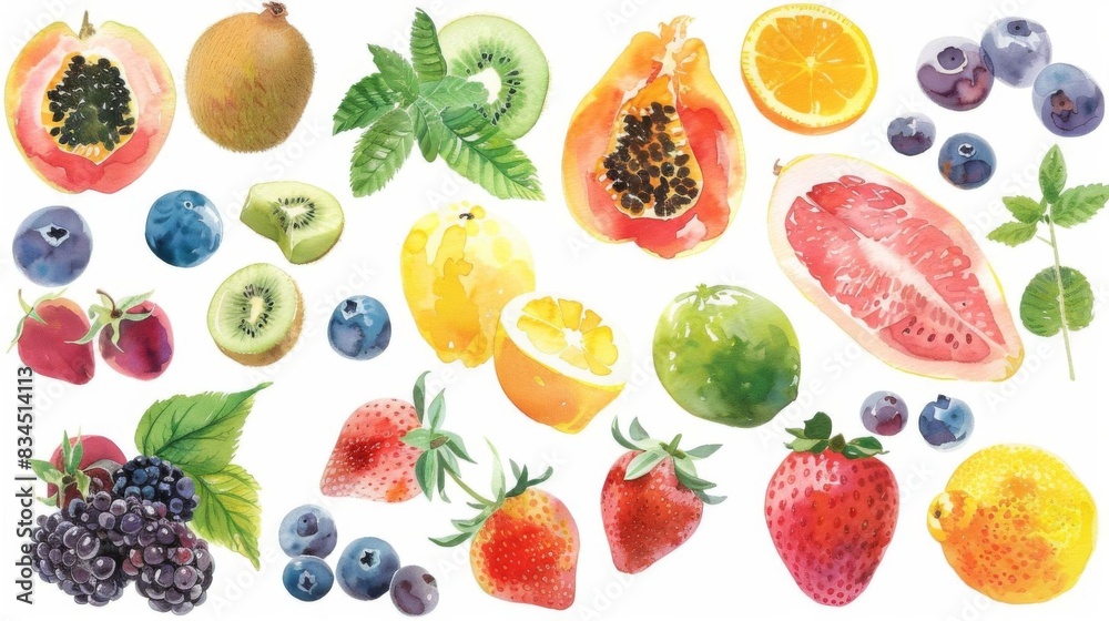 Watercolor illustration of various fruits and berries. Watercolor illustration of various fruits and berries.