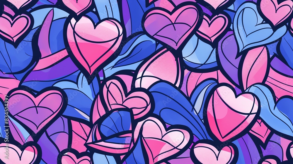 Seamless pattern of hand-drawn Bisexual Pride flags and hearts, creating a vibrant and supportive design with pink, purple, and blue colors Seamless pattern of hand-drawn Bisexual Pride flags and hearts, creating a vibrant and supportive design with pink, purple, and blue colors