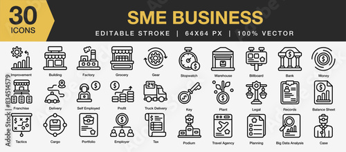 Set of 30 SME Business icon set. Editable Stroke Icon Collection. Includes building, portfolio, tax, delivery, case, billboard and More. Outline icons vector collection.