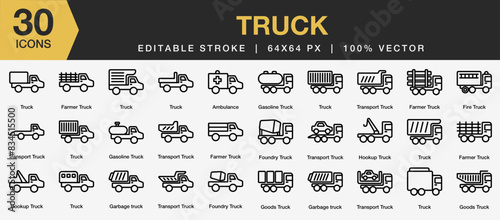 Set of 30 Truck icon set. Editable Stroke Icon Collection. Includes farmer, gasoline, foundry, hookup, fire truck and More. Outline icons vector collection.