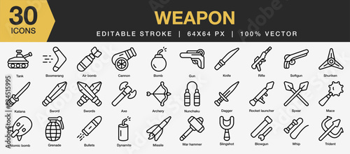 Set of 30 Weapon icon set. Editable Stroke Icon Collection. Includes gun, bomb, axe, tank, slingshot cannon and More. Outline icons vector collection.