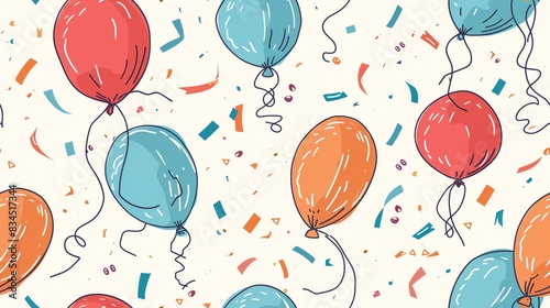 Hand-drawn seamless pattern depicting celebratory elements like confetti and balloons, creating a festive and joyful outro theme photo
