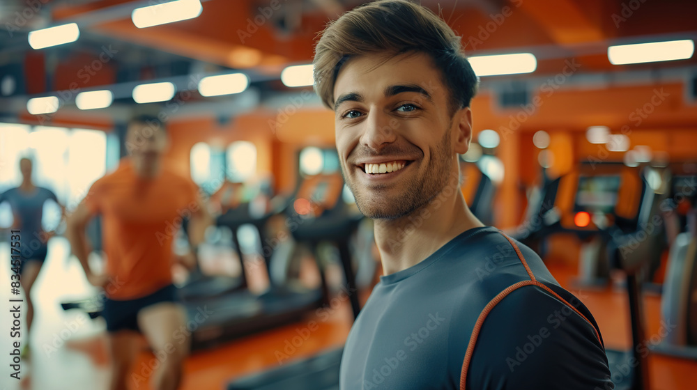 A well-built man smiles for the camera in a gym outfit A well-built man smiles for the camera in a gym outfit