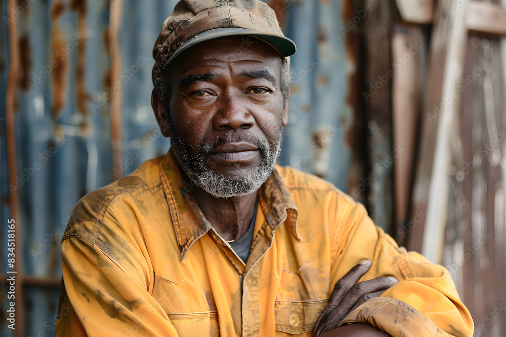 A portrait of a working class Afro American man in his working clothes, representing strength and determination. Suitable for labor-related themes and diversity representation. A portrait of a working class Afro American man in his working clothes, representing strength and determination. Suitable for labor-related themes and diversity representation.