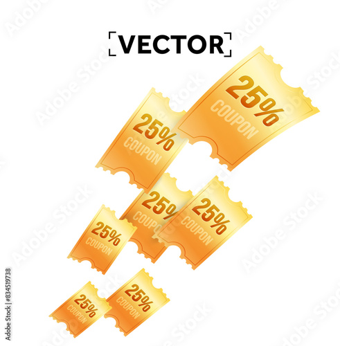 3d golden coupons flying up with percentage off, isolated on white background. Voucher giveaway, special discount event banner template. 3d vector illustration. Vector illustration