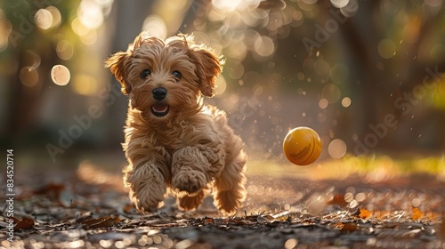 Puppy playing with a ball in a park.