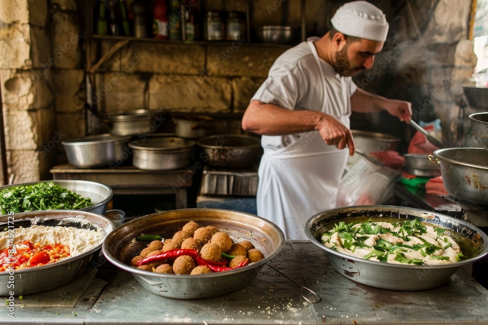 A traditional Middle Eastern kitchen with a cook making falafel generated by AI A traditional Middle Eastern kitchen with a cook making falafel generated by AI