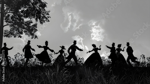Black silhouettes of emancipated people in 1800s clothing celebrating freedom, illustration for juneteenth photo