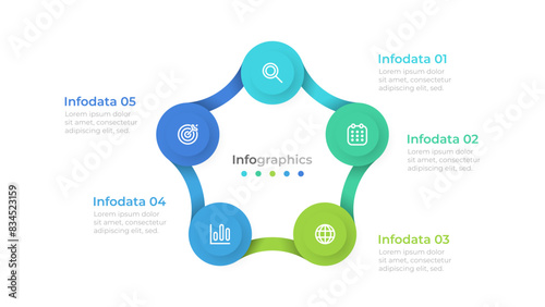 Business infographic cycle connected elements with marketing icons and 5 options or steps. Vector illustration. Can be used for workflow diagrams, annual reports, and info charts.