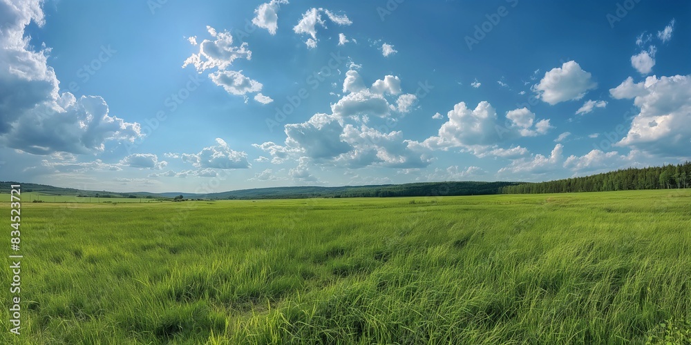 Fototapeta premium Beautiful natural scenic panorama green field of cut grass into and blue sky with clouds on horizon
