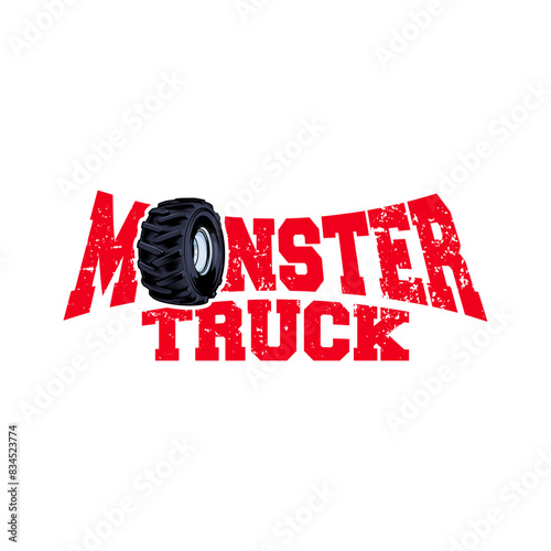 monster truck text, letter with tire vector logo design inspiration, Design element for logo, poster, card, banner, emblem, t shirt. Vector illustration