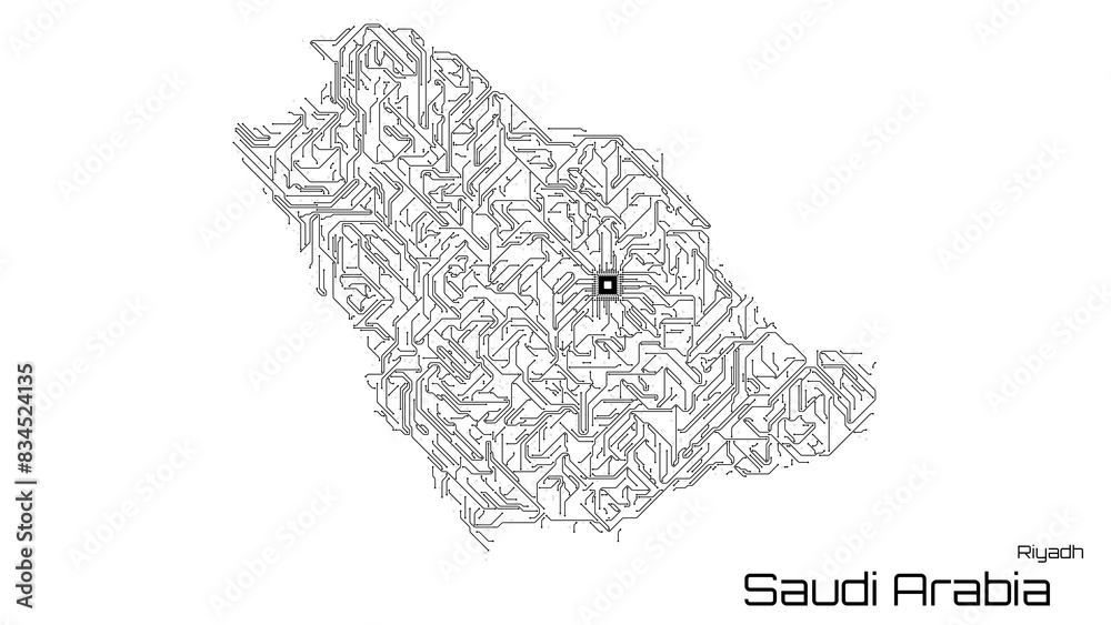 Saudi Arabia, with its capital city of Riyadh, is represented as a microchip with a central processing unit. A technological representation of the country's outline. White background.
