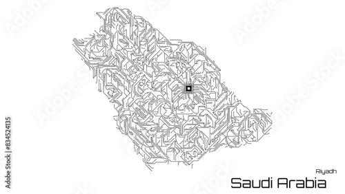 Obraz na płótnie Saudi Arabia, with its capital city of Riyadh, is represented as a microchip with a central processing unit. A technological representation of the country's outline. White background. w salonie