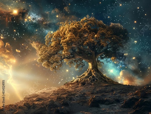 A giant tree growing out of Earth in space, with roots spreading across galaxies, Mythology, Illustration, Earthy tones, Majestic and powerful photo
