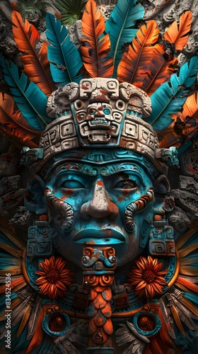 Intricately Carved Mayan Deity Statue with Ornate Feathered Headdress and Vibrant Tribal Motifs