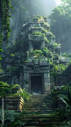 Majestic Mayan Temple Ruins Shrouded in Verdant Tropical Foliage and Mystical Jungle Backdrop