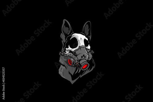 Skull Dog with gas mask cartoon character badge vector logo template
