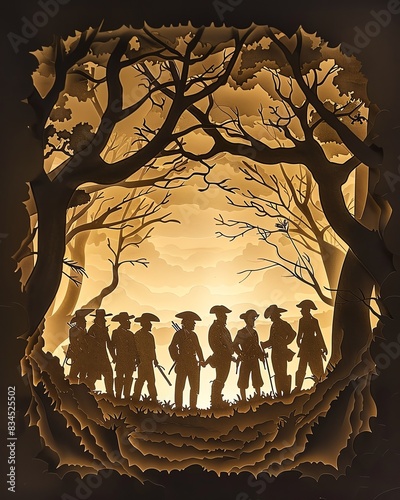 A papercut of historical reenactors in colonial outfits, with space for writing a message,