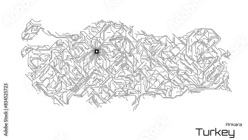 Turkey, with its capital city of Ankara, is represented as a microchip with a central processing unit. A technological representation of the country's outline. White background.