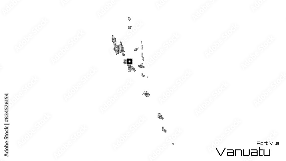 Obraz premium Vanuatu, with its capital city of Port Vila, is represented as a microchip with a central processing unit. A technological representation of the country's outline. White background.