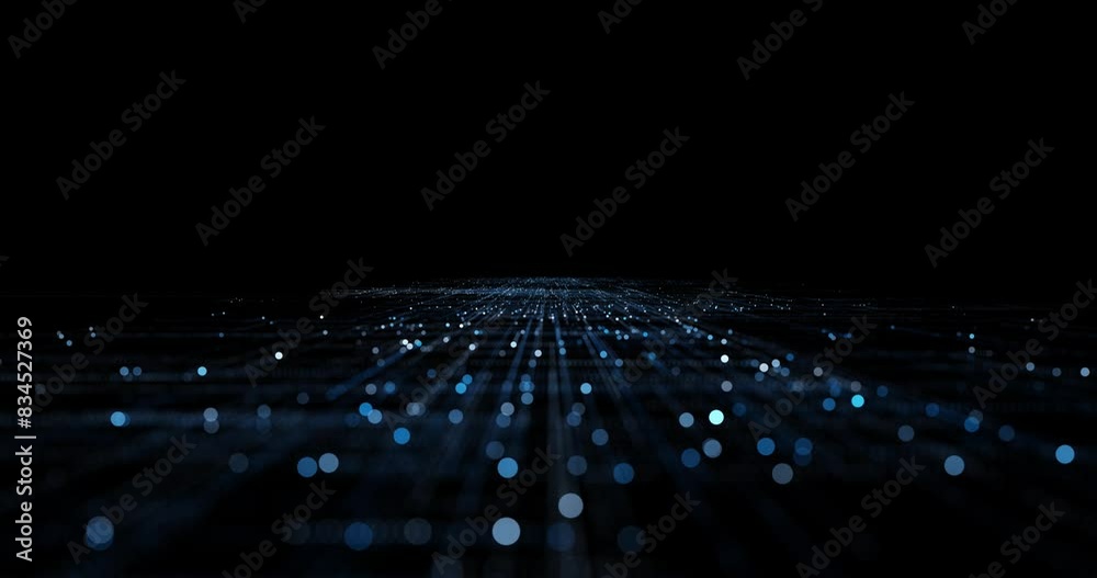 Futuristic digital technology lines and dots loop motion on clean black background.