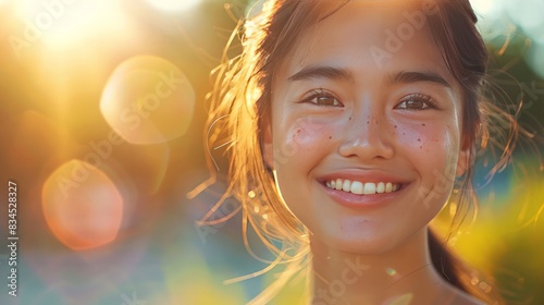 Cheerful Asian Woman with Sunlight: Capture a close-up of a cheerful Asian woman with a radiant smile, bathed in soft sunlight. Leave ample empty space to the right for text or advertisements.