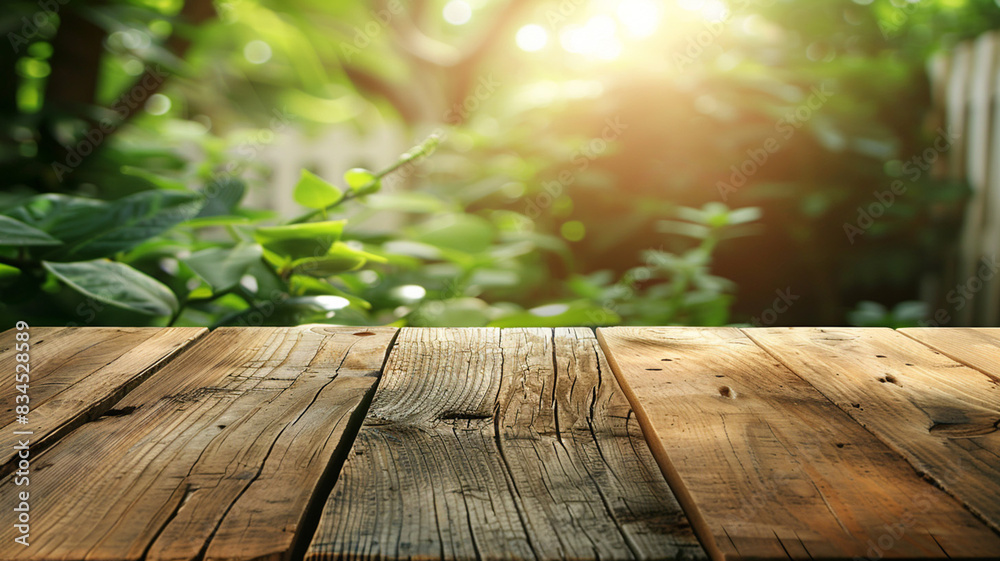 Empty wood table top on blur abstract green garden Empty wood table top on blur abstract green garden